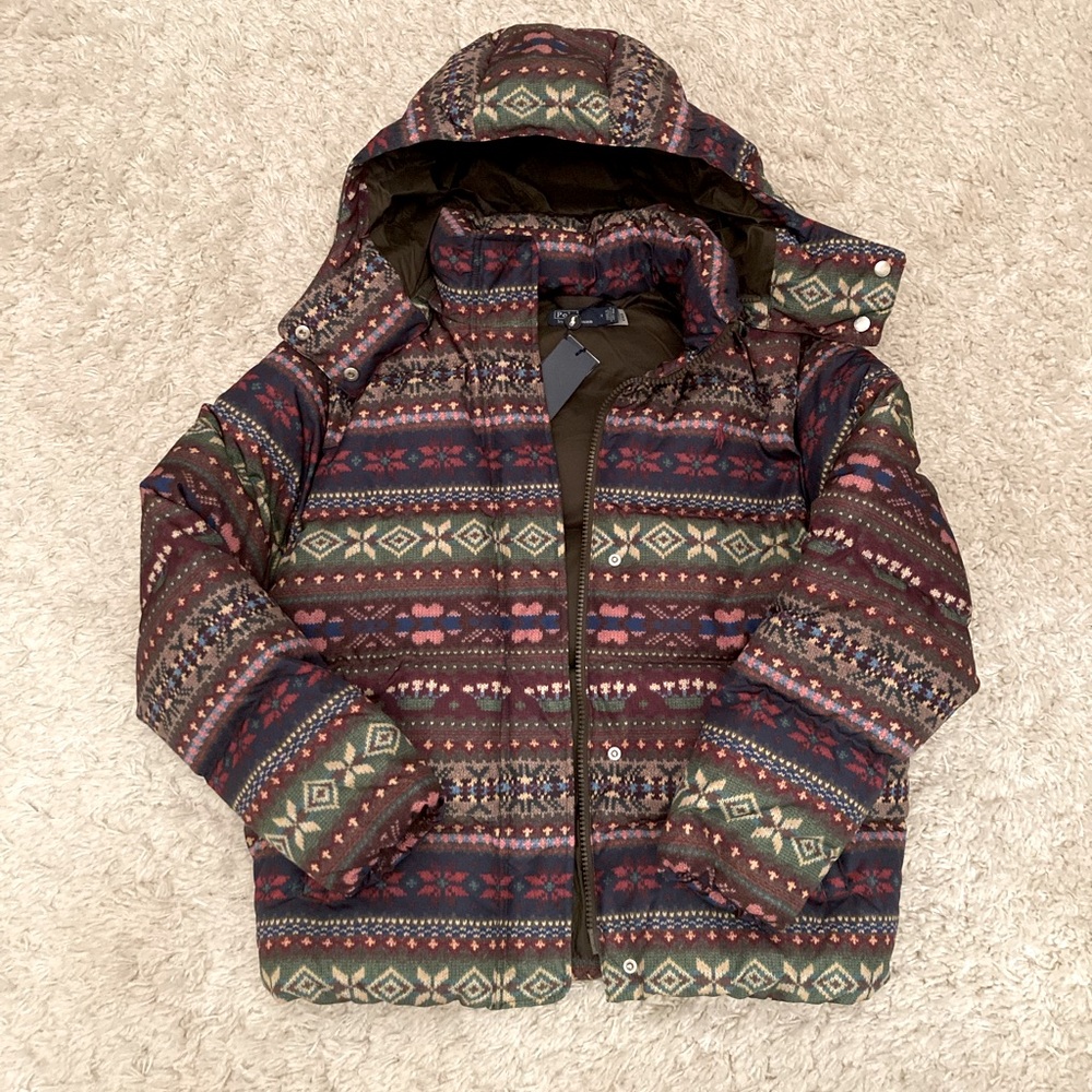 NWT Polo Ralph Lauren Womens M Water Repellent Hooded Down Jacket Fair Isle $598